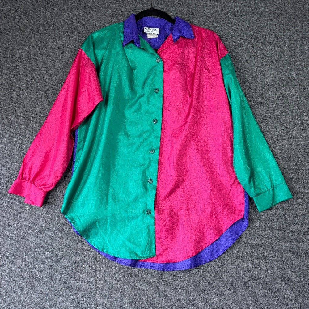 Elisabeth Vintage 80s Colorblock Button Up‎ Shirt Pink Green Purple Medium USA